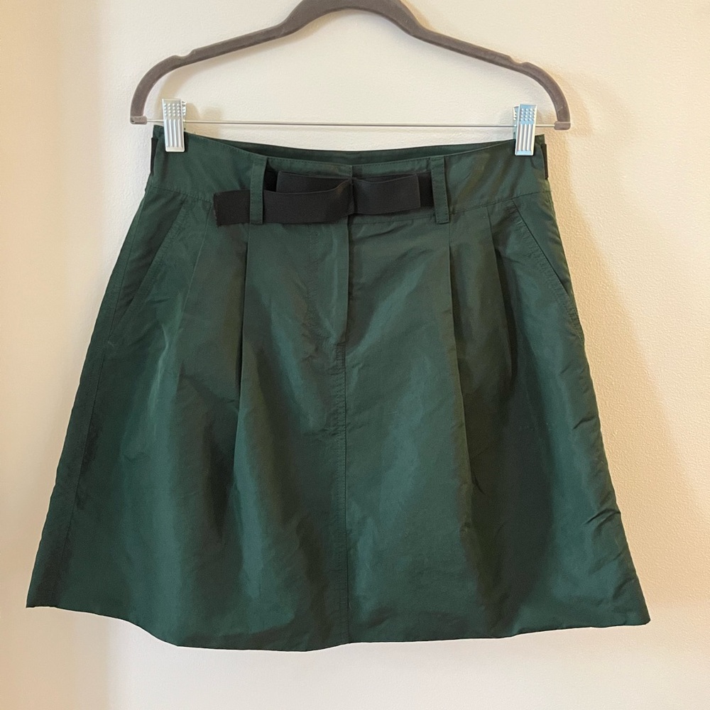 Vintage DKNY Nylon Dark Green Mini Skirt with Black Grosgrain Belt